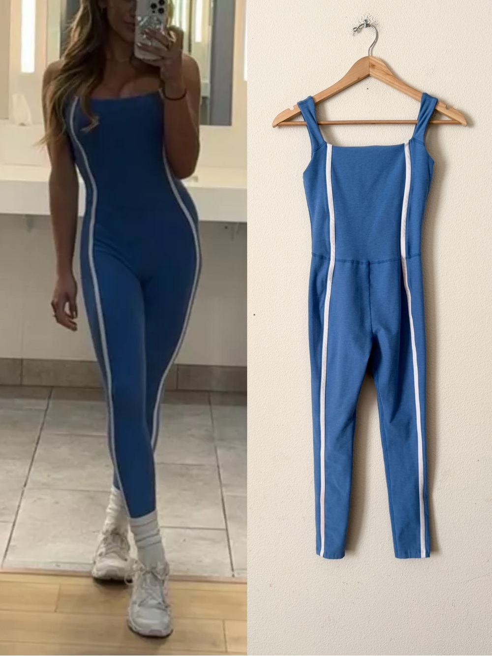 Beyond Yoga SMALL New Moves square neck midi jumpsuit in blue white